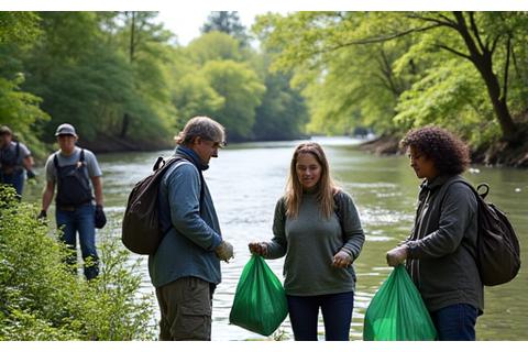 Volunteers cleaning up a riverbank, focused on environmental conservation