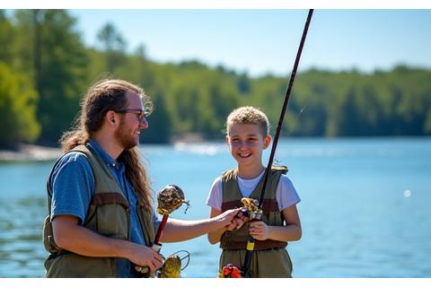 Children learning to fish with an instructor beside a lake