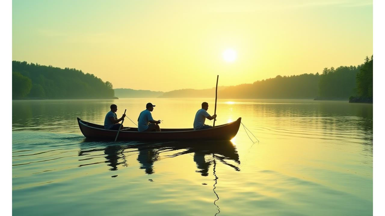 Founders fishing on the Ottawa River at sunrise, traditional wooden boat