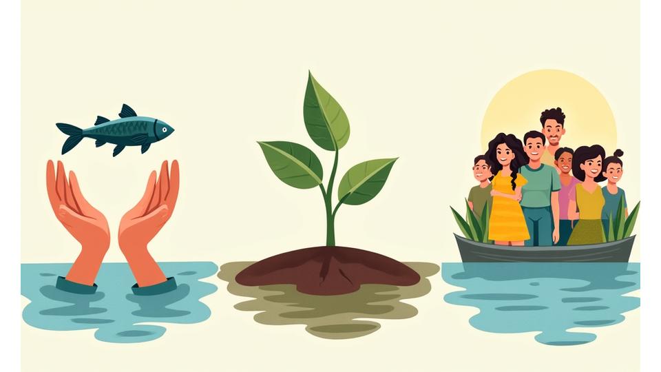 Illustration representing community and conservation, showing hands holding a fish next to a healthy plant