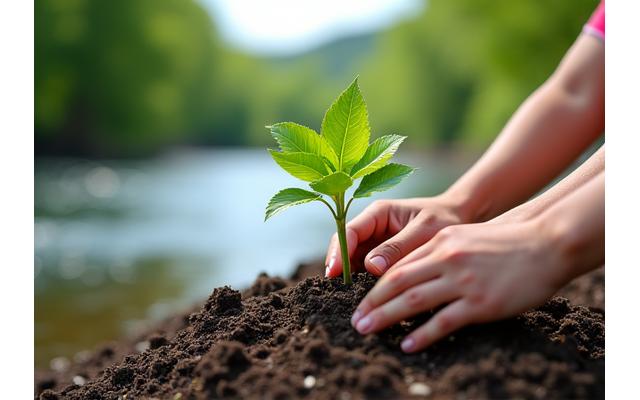 Hands planting a tree by a clean river, symbolizing conservation efforts