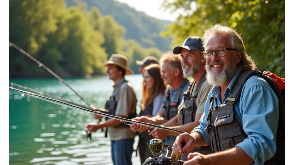 Group of diverse anglers smiling and holding fishing rods by a lake