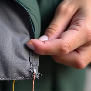 Close-up of a needle and thread repairing fishing apparel, symbolizing repair services.