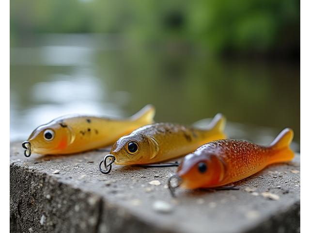 Biodegradable fishing lures on a wooden dock with calm water background.