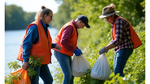 Volunteers cleaning up debris along the Ottawa River shoreline.