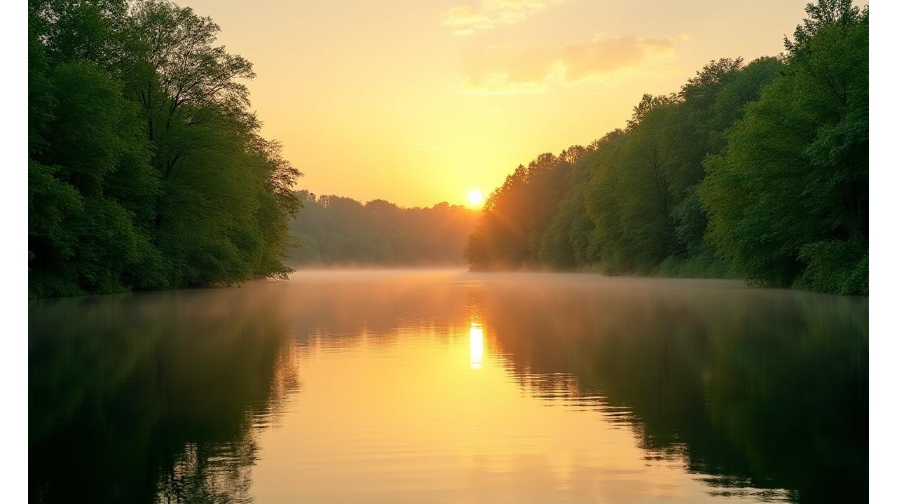 Lush green forest reflecting in pristine Ottawa river waters at sunset, symbolizing environmental stewardship.