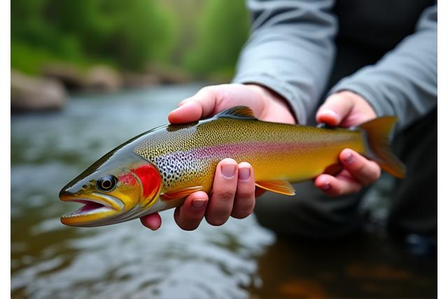 Angler gently releasing a healthy fish back into clean water, illustrating catch and release.