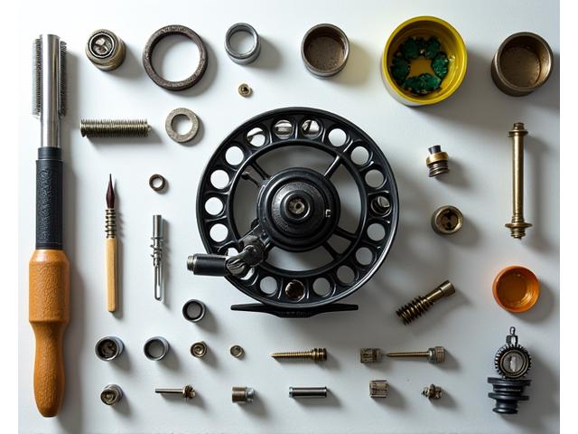 A detailed image of a fishing reel disassembled on a workbench, with precision tools and lubricants, highlighting intricate parts for maintenance.