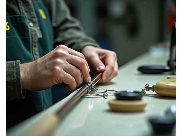 Professional technician demonstrating the careful repair of a fishing rod tip, showing precision tools and a steady hand.