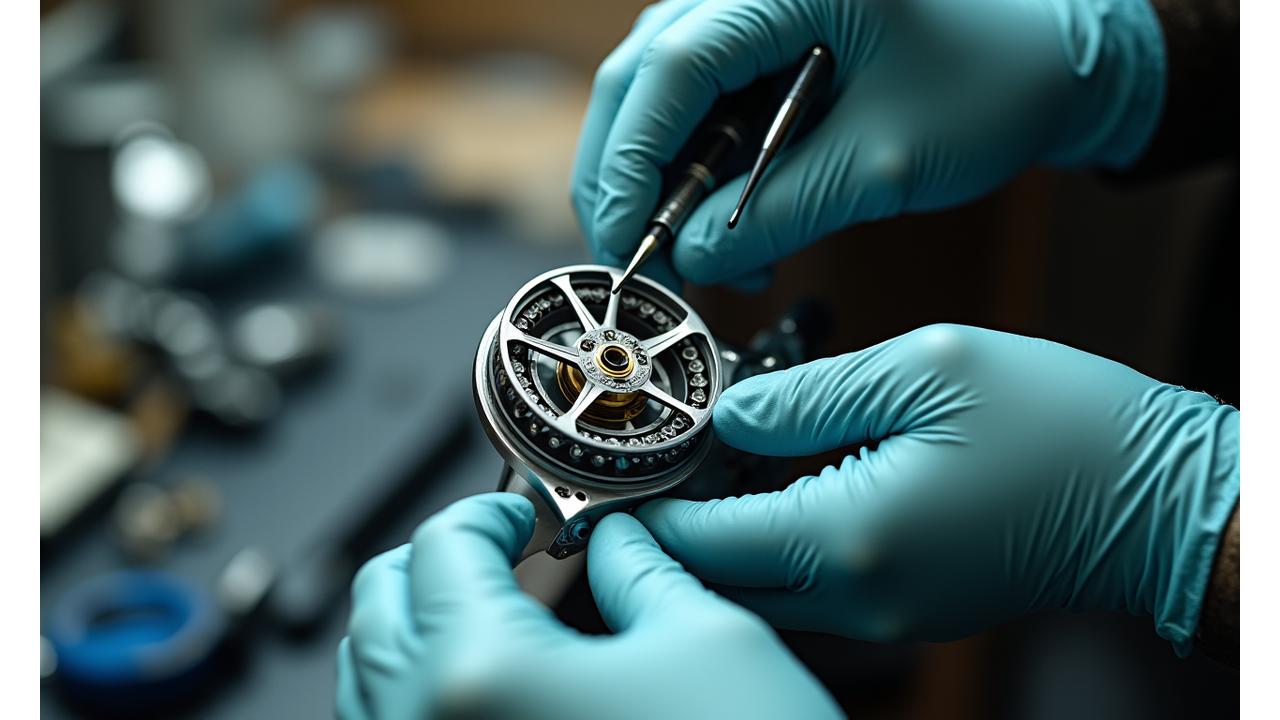 Close-up of a fishing reel being expertly repaired by a technician with tools, showcasing attention to detail and precision.