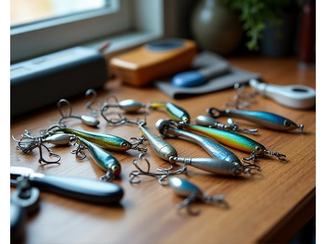 A collection of various fishing lures and hooks being meticulously cleaned and restored on a simple work surface.