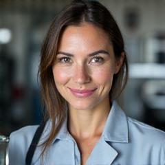 Headshot of Sarah Chen, a focused and friendly fishing reel technician, with a clean work background.