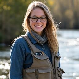 Sarah, Northcurrent Outfitters fishing expert, smiling with fishing vest