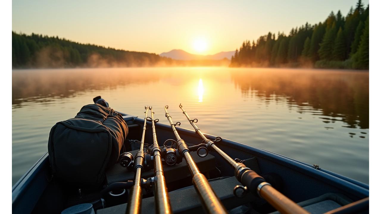 Panoramic view of an Ottawa river with fishing gear laid out on the bank, sun rising.