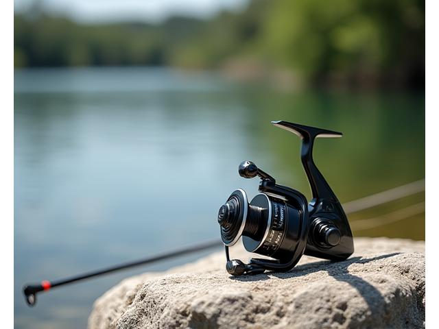 Modern spinning rod and reel on a serene lake background