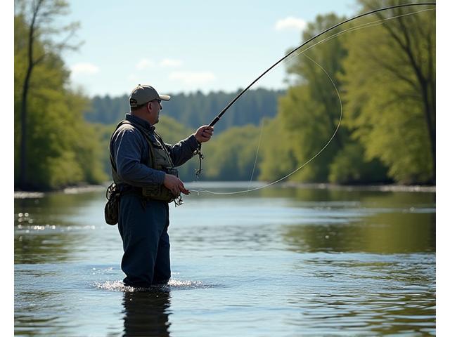 An instructor demonstrating a two-handed spey cast on a river, with clear water and green foliage in the background.