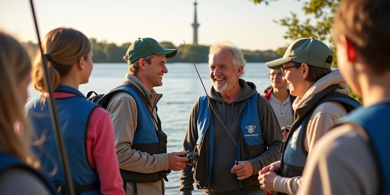 A diverse group of anglers, young and old, gathered outdoors for a community fishing event, smiling and interacting.