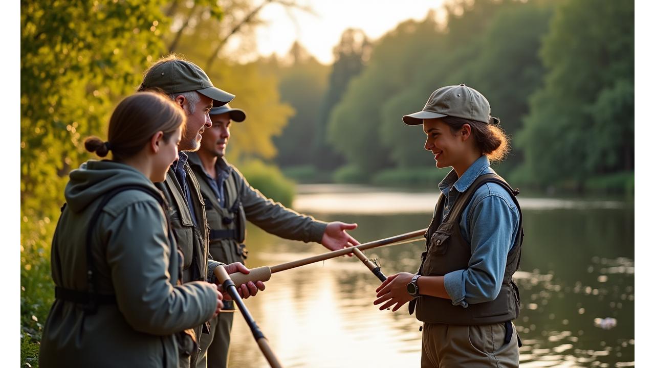 An instructor demonstrating a fishing technique to a small group of attentive anglers by a scenic Ottawa riverbank.