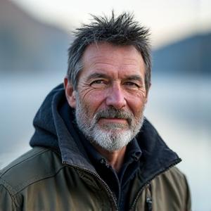 Portrait of David Chen, a seasoned male fishing guide with a neat beard, in a river setting, looking thoughtful.