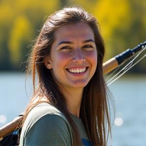 Portrait of Maria Rodriguez, an energetic female angler, holding a rod and smiling, with a vibrant forested shoreline background.