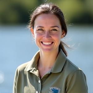 Portrait of Sarah Jenkins, a friendly-looking female fishing instructor wearing a Northcurrent Outfitters polo shirt, smiling at the camera.