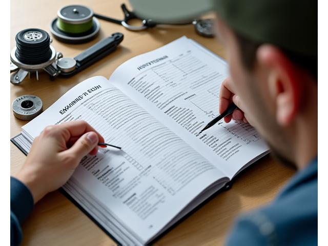 A person studying fishing knots from a detailed instruction manual near a fishing reel and line, suggesting continued learning.