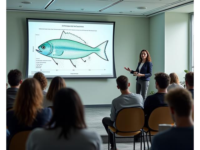 A fishing expert giving a presentation to an engaged audience in a seminar room, with a screen displaying fishing data.