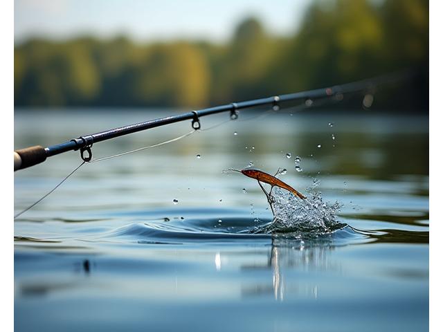 A close-up of a fishing rod mid-cast with water splashing and a serene lake in the background.