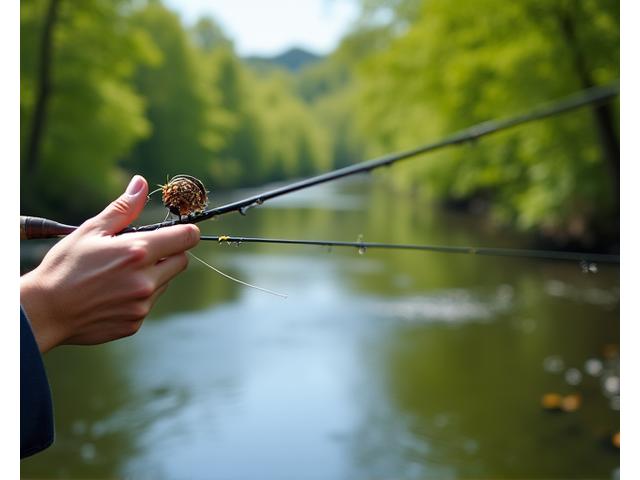A person holding a fly fishing rod, poised to cast, with a clear river and trees in the background.