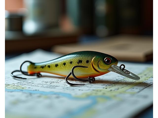 A detailed image of a walleye lure with a blurred background of fishing gear.