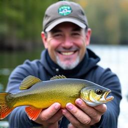 Portrait of Mark, a Northcurrent Outfitters fishing guide, holding a smallmouth bass he just caught.