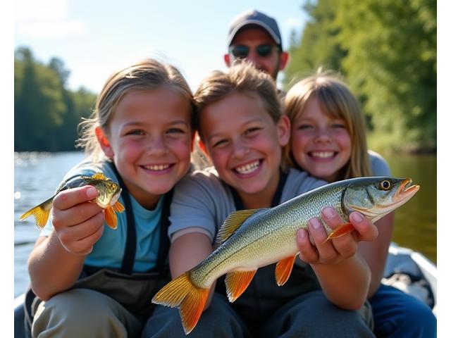 Family, including two children, happily posing with small fish caught during a guided tour