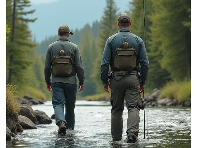 Angler wearing breathable, waterproof fishing apparel, casting into a serene river at dawn, with lush green foliage.