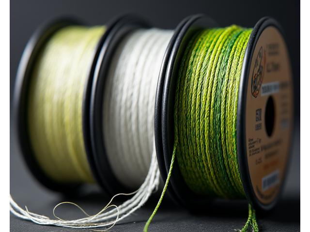 Close-up of different colored spools of fishing line (braided, monofilament, fluorocarbon), indicating strength and type.