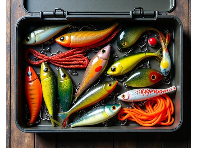 Assortment of vibrant, realistic fishing lures and natural bait organized in a tackle box, ready for use.