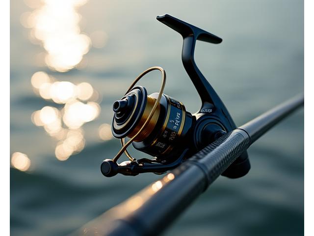 Close-up of a high-performance fishing reel mounted on a carbon fiber rod, reflecting golden hour sun on water.