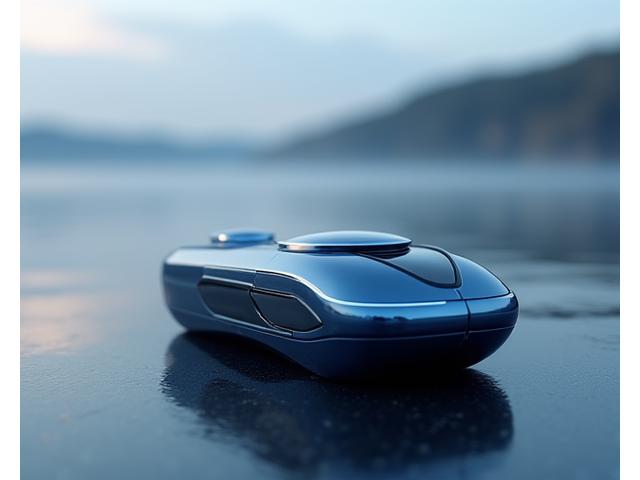 Innovative fishing drone hovering over a pristine lake, with a fishing rod in the foreground, showcasing advanced technology.