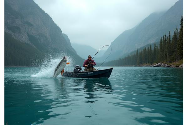 Successful angler battling a large lake trout from a clear, deep lake, showcasing the intensity of the fight.