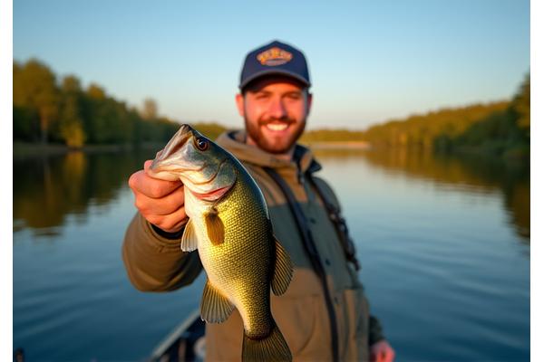 Angler proudly holding a large bass caught on the historic Rideau Canal, surrounded by tranquil, calm water and green banks.