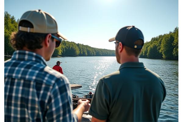 Professional fishing guide pointing out a technique to a client on a serene river, with lush forest in the background.