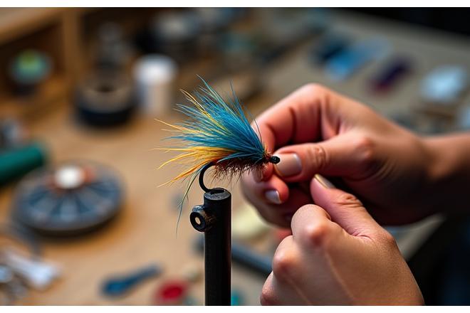 Intricate fly fishing lure being tied by hands over a vise, with various colorful materials and tools on a wooden table.