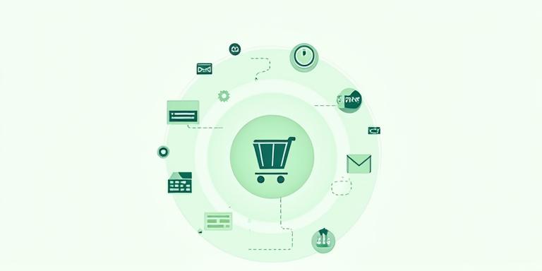 Stylized icons representing various data types: a shopping cart for purchases, an envelope for email, a computer for website usage, and a lock for security, all contained within a single bubble.