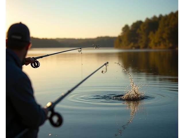 A fisherman casting a feeder rod, with a fishing basket visible at the end of the line.