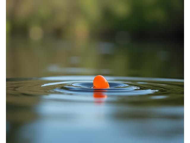 A sensitive fishing float bobbing gently on calm water, indicating a subtle bite.