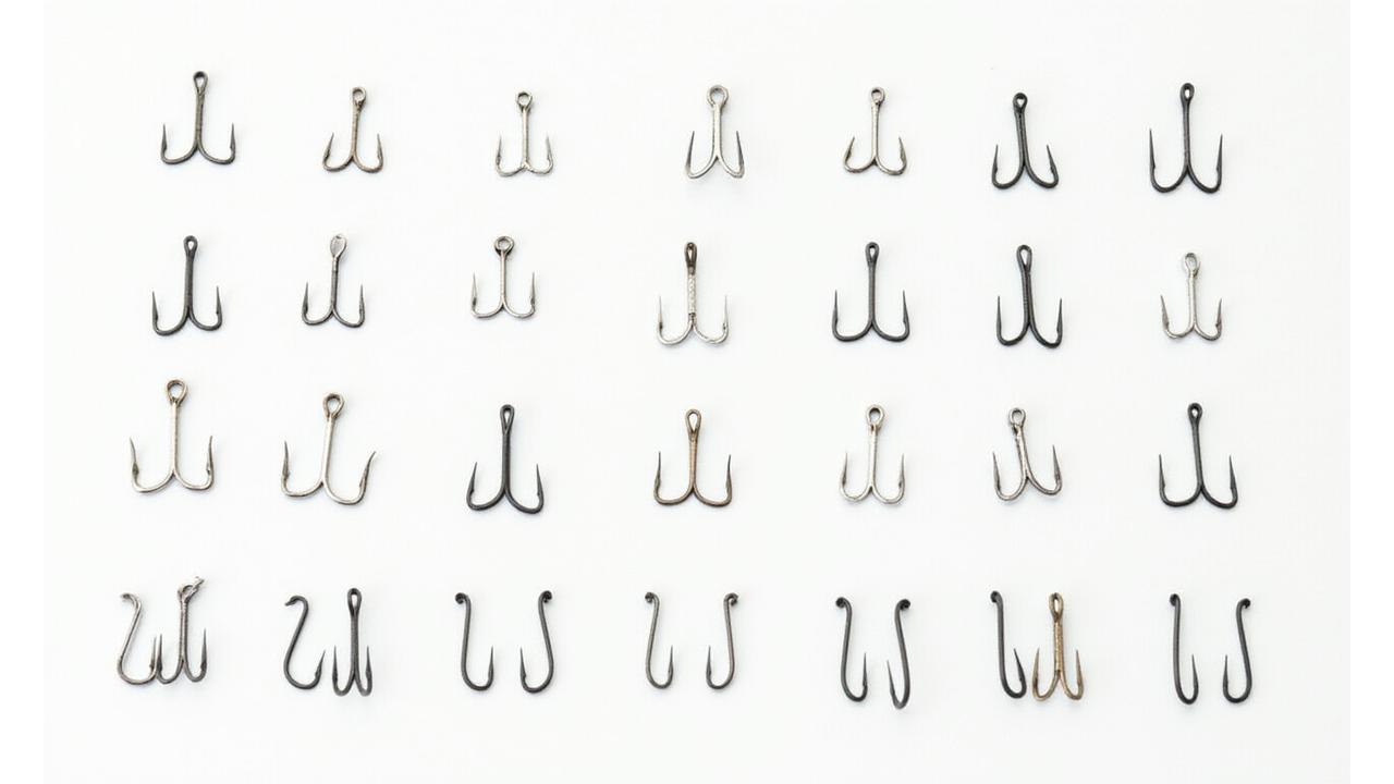 A variety of fishing hooks of different sizes and designs neatly arranged on a white background.