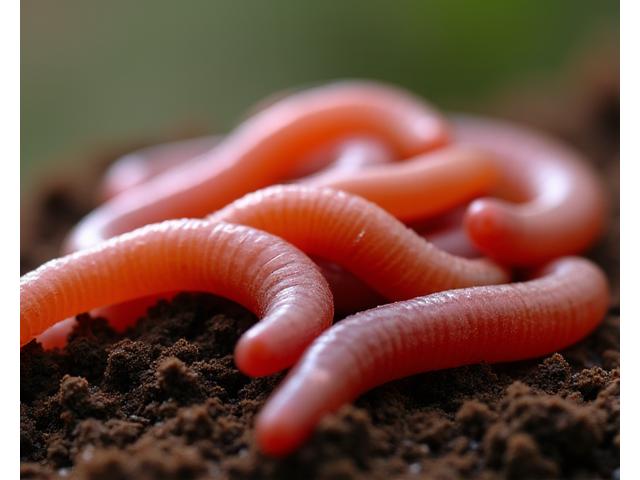 A hand holding several lively fishing worms on a bed of dark soil.