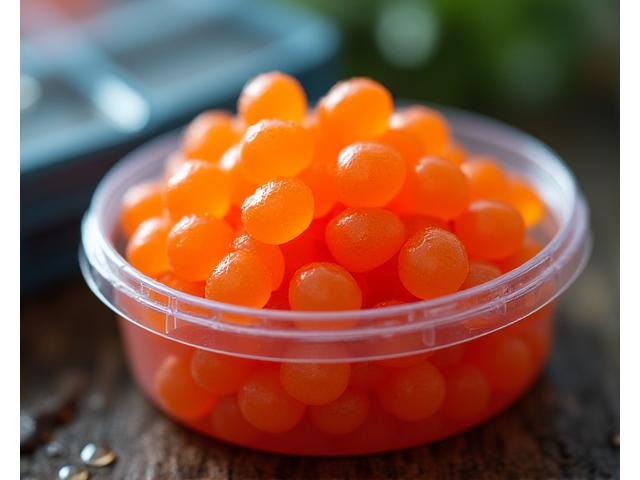 A small container overflowing with vibrant orange fishing roe/eggs, ready for use.