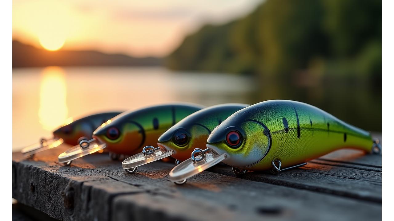 An array of high-quality fishing crankbaits and lures displayed on a rustic wooden surface, with a blurred background suggesting Ottawa's natural waters.
