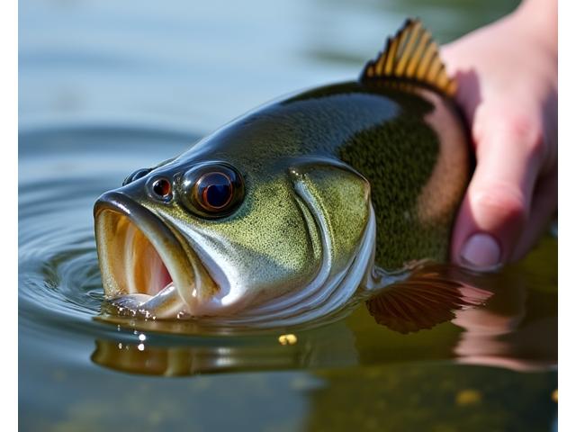A close-up of a largemouth bass being carefully released back into the water.