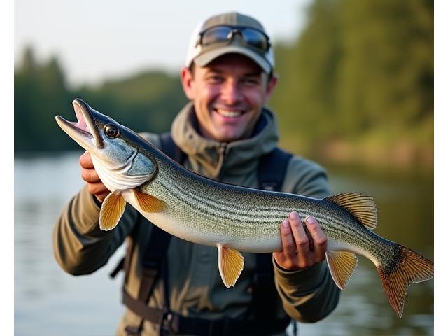A grinning angler holding a large Northern Pike caught in an Ottawa river.